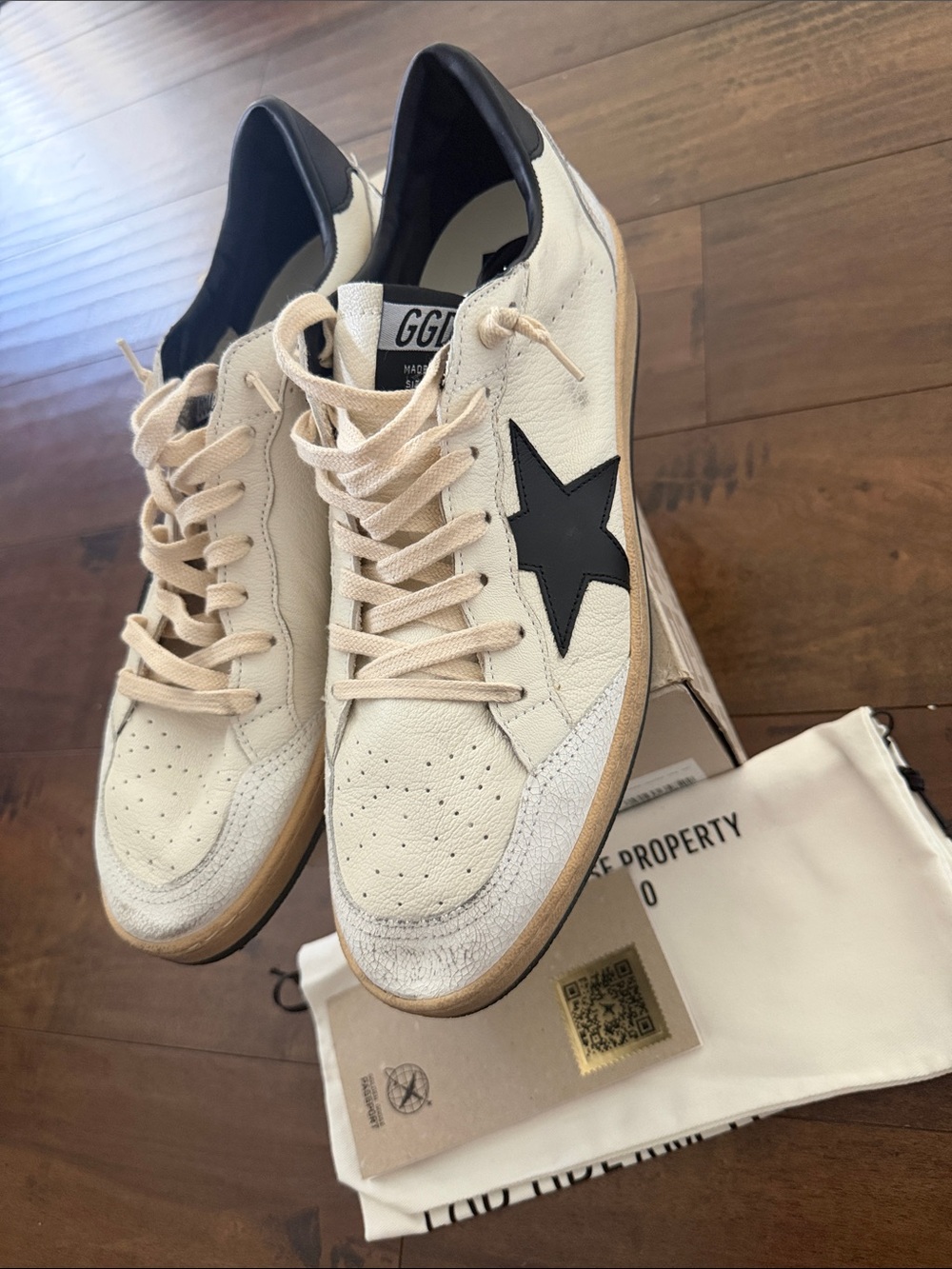 Golden Goose Ballstars Men’s Cream Leather Sneakers with Black Star Accent